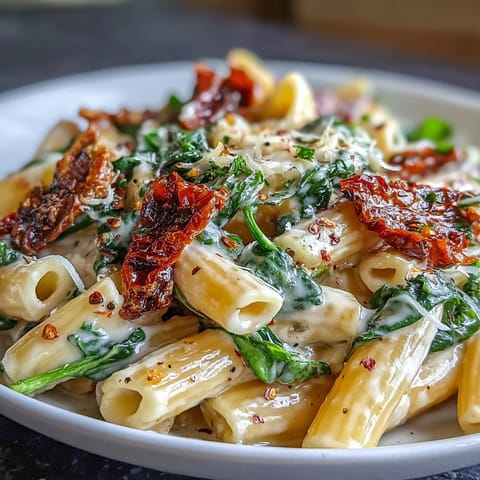 Creamy One-Pot Tuscan Pasta with spinach and sun-dried tomatoes in a rich, wine-infused sauce.
