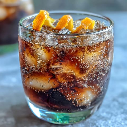 Refreshing cold brew coffee tonic with orange zest, served chilled over ice.