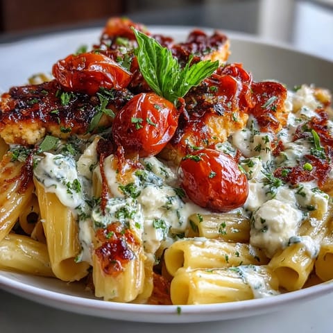 Vibrant cherry tomato and feta pasta, baked until golden and creamy.