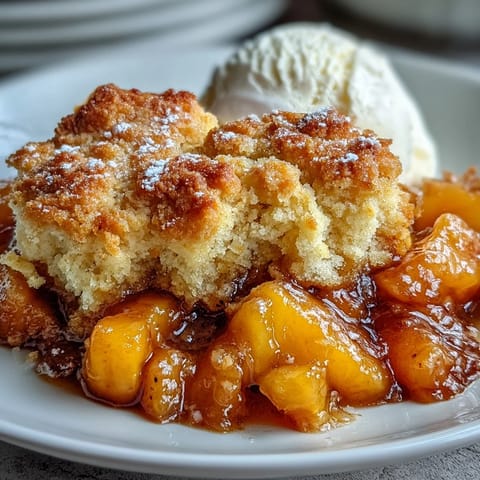 Golden-brown biscuit topping cascades over sweet, juicy peaches in this cobbler.