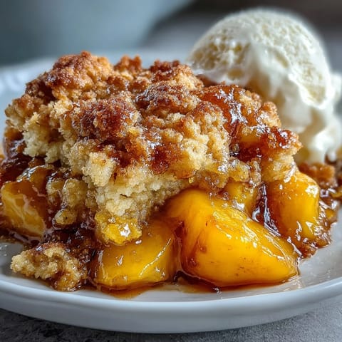 Warm Peach Cobbler with Biscuit Topping, a bubbling Southern classic.