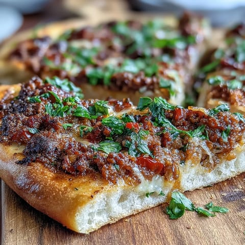 Golden Turkish Lahmacun Pizza with spiced ground lamb, ready to be garnished.