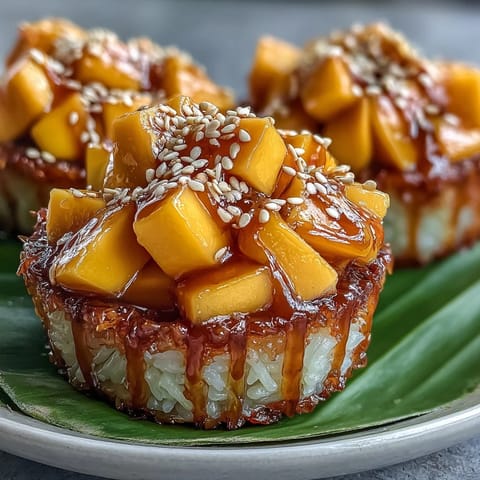 Delicious Coconut Mango Sticky Rice Cups, a tropical dessert with tender, fragrant rice.