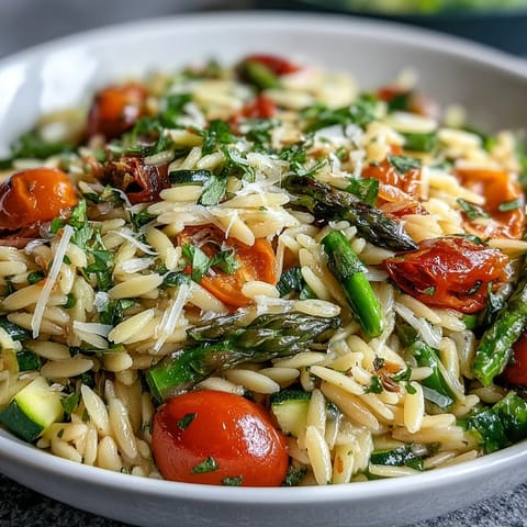 Orzo Primavera brimming with vibrant spring vegetables and a light lemon-garlic sauce.