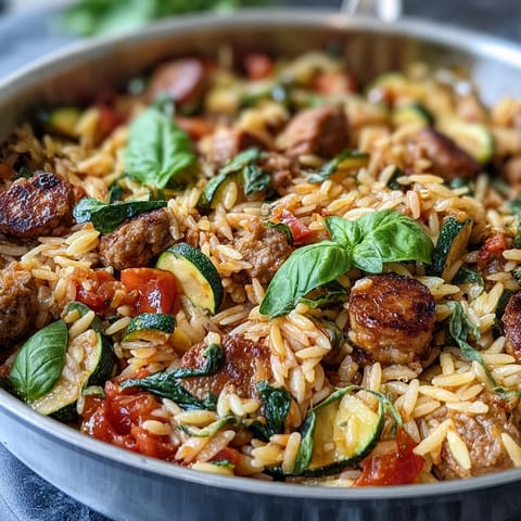 Fluffy orzo pasta in a vibrant One-Pan Italian Orzo Skillet with fresh herbs.