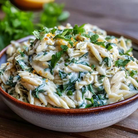 Creamy Spinach Artichoke Orzo with melted cheese and wilted spinach, ready to serve.