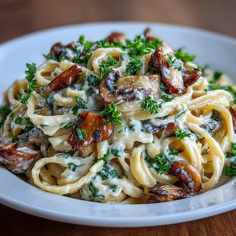 Rich, creamy mushroom pasta dish with garlic and parsley, ready for dinner.