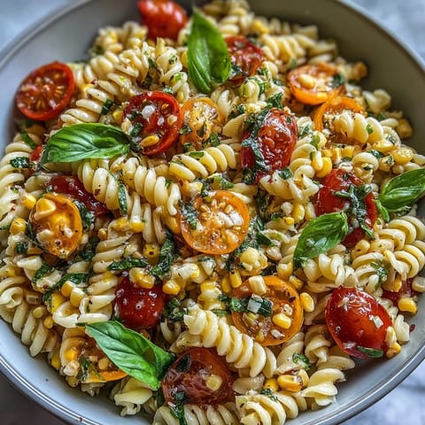 Vibrant Summer Corn and Tomato Pasta Salad with juicy tomatoes and zesty dressing.