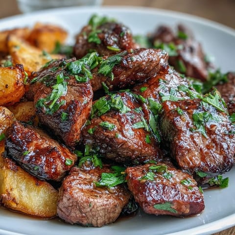 Juicy steak bites drizzled in garlic butter sauce alongside crispy roasted potatoes.