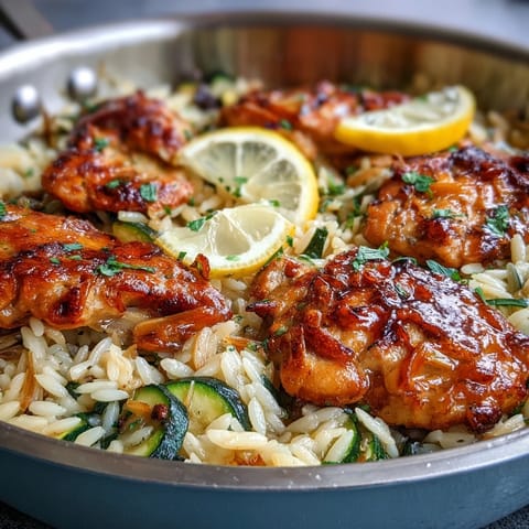 Golden-brown chicken and vibrant green zucchini atop fluffy orzo in a skillet.