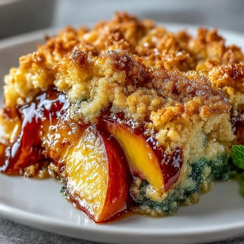 Golden baked matcha peach cobbler bubbling with tender biscuits and juicy fruit.