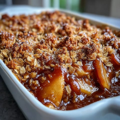 Golden brown Miso Caramel Peach Crisp, bubbling with sweet, tender fruit and crunchy oat topping.