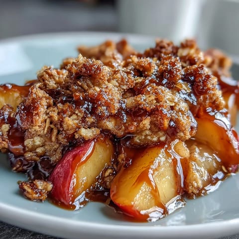 Warm Miso Caramel Peach Crisp with gooey caramel poured over juicy sliced peaches.