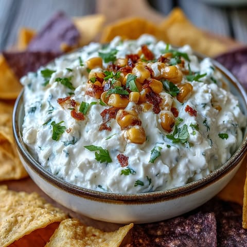 Creamy cottage cheese queso dip topped with smoky roasted corn and cilantro.