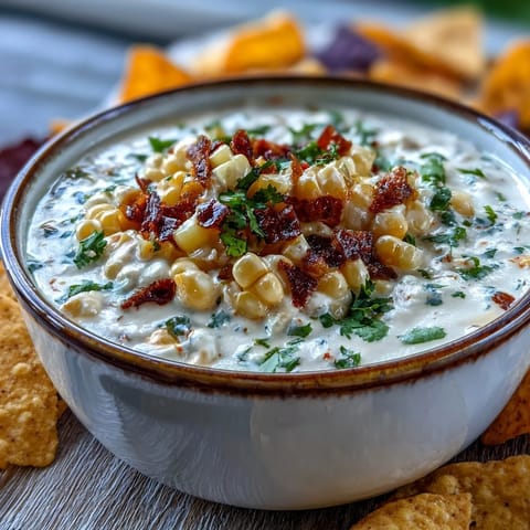Roasted corn cottage cheese queso, a warm Tex-Mex dip ready for chips.