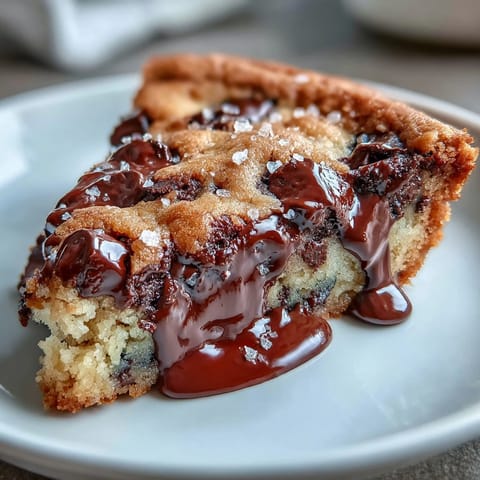 Gooey tahini chocolate chip cookie pie, baked golden with melted chips.