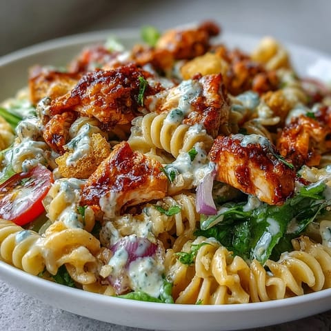 Spicy buffalo chicken caesar pasta salad, vibrant and creamy with crisp romaine.