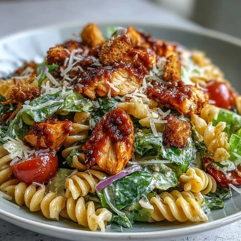 Hearty buffalo chicken caesar pasta salad with crunchy croutons, perfect for sharing.