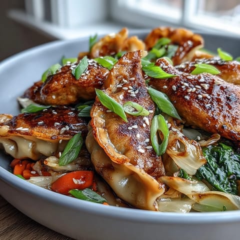 Golden-brown crispy cabbage dumpling skillet ready to serve with fresh green onions.
