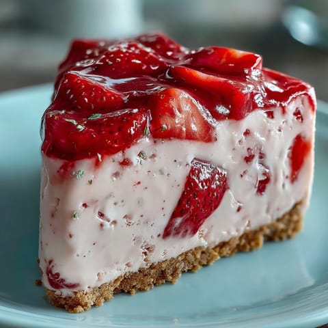 Creamy frozen strawberry lemonade pie with vibrant red berry swirls, perfect for summer.
