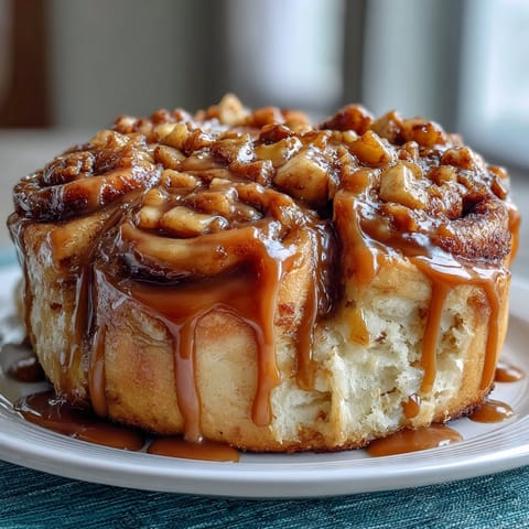 Caramel Apple Cheesecake Cinnamon Rolls with gooey caramel drizzle and fruit swirls.
