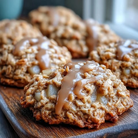 Golden brown Pear Maple Oatmeal Cookies cooling on a rustic wooden board.