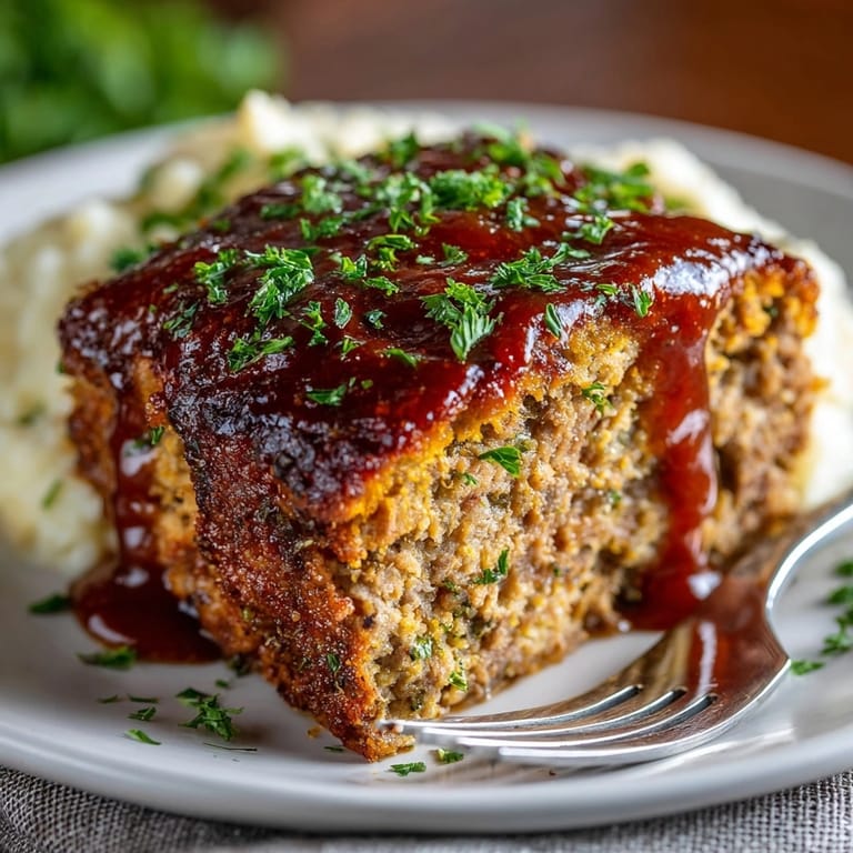 Slices of hearty Old-Fashioned Meatloaf drizzled with homemade, tangy tomato gravy on a plate.