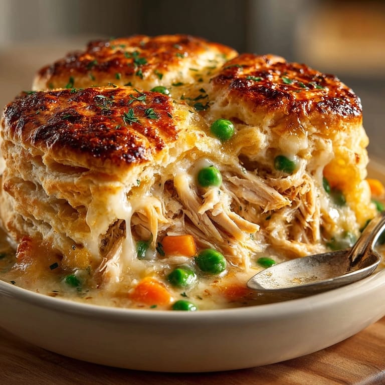 Creamy Cheddar & Chicken Pot Pie: comforting family dinner with cheesy biscuit topping.