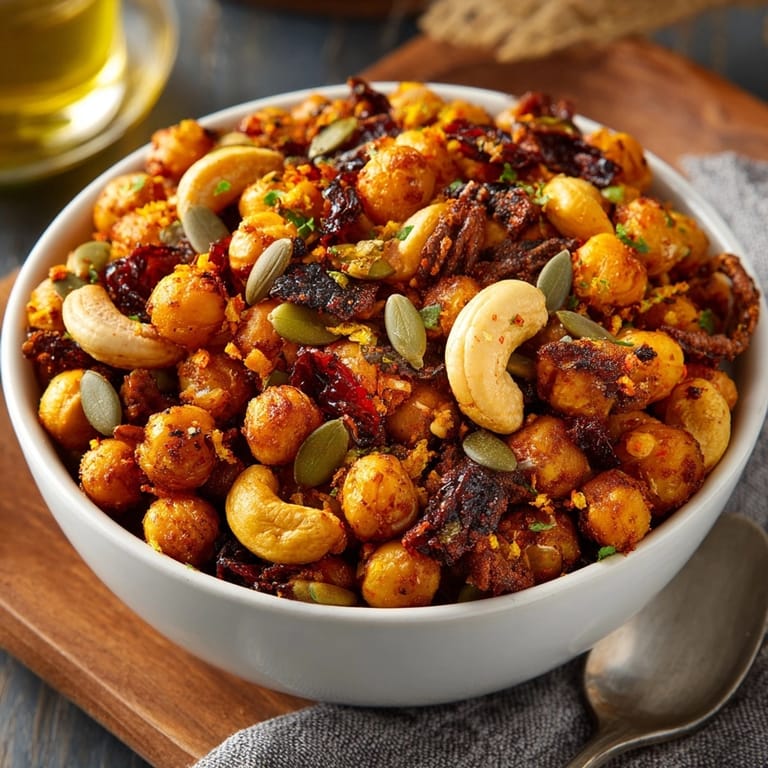 Homemade Chili-Lime Chickpea Snack Mix, baked golden-brown, ready for game night snacking.