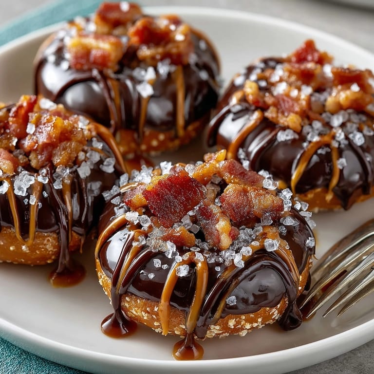 Homemade Maple Bacon Chocolate Pretzel Bites recipe: Melted chocolate, salty pretzels, and crispy bacon.