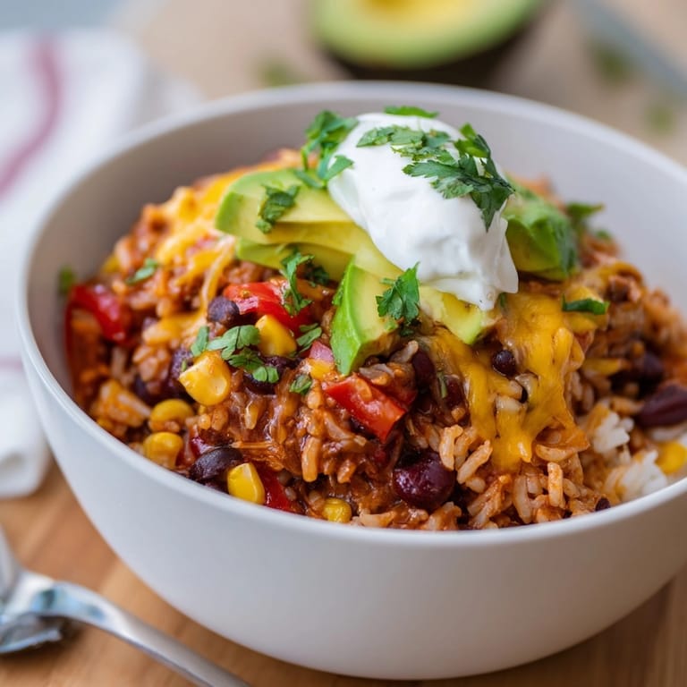 Scooping a spoonful of warm, cheesy Microwave Enchilada Bowl; a simple, delicious, flexible recipe.