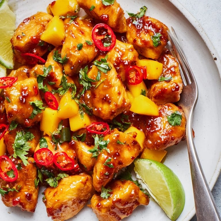 Sizzling Mango Chili Garlic Chicken Skillet in a pan, ready to serve over rice.
