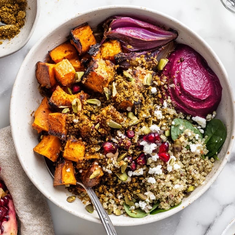Colorful spiced winter bowls topped with crunchy pistachio crumble and fresh greens.  