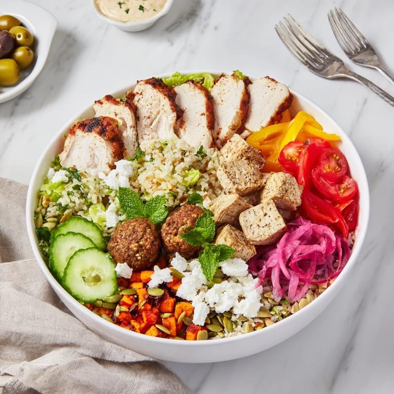 Colorful customizable meal spread featuring grilled proteins and fresh vegetables for enjoyment.  