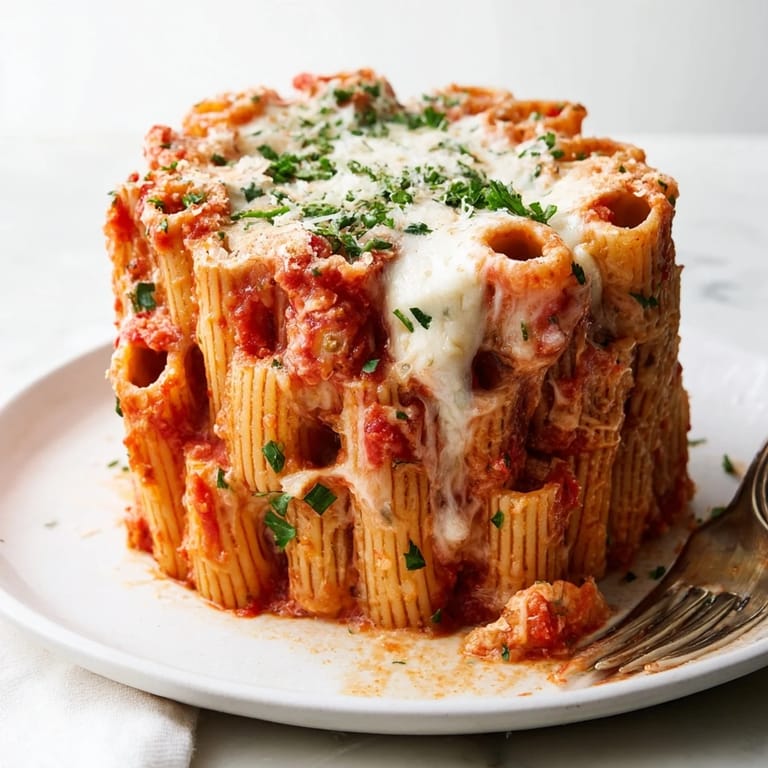 Delicious Honeycomb Pasta Cake with golden-brown cheese and savory tomato-filled rigatoni tubes.  