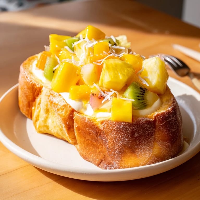 Creamy Yogurt-Custard Toast, ideal for brunch with juicy kiwi and pineapple.