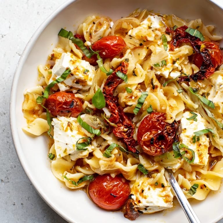 Melted feta cheese and caramelized onions create a rich Baked Feta Pasta delight.  