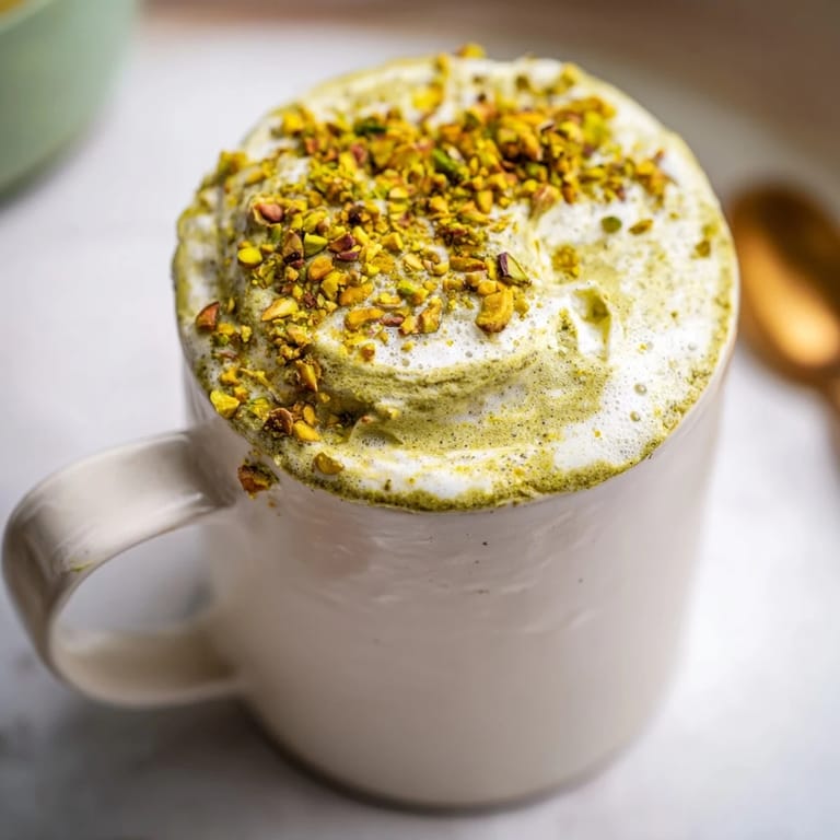 Delicious pistachio milk latte garnished with frothy milk and nutty goodness.