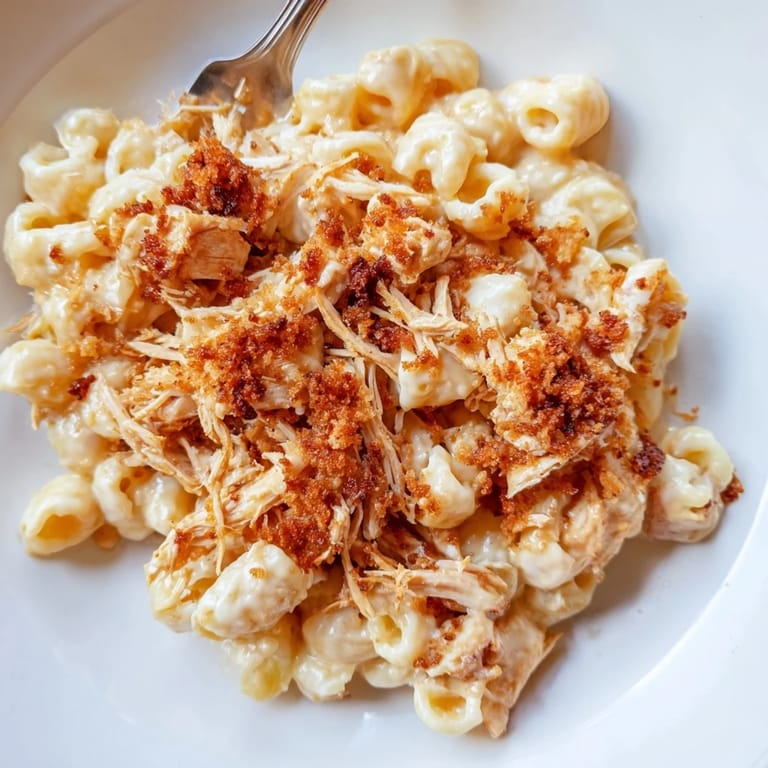 Mouthwatering classic mac & cheese casserole with BBQ chicken, perfect for family dinners.  