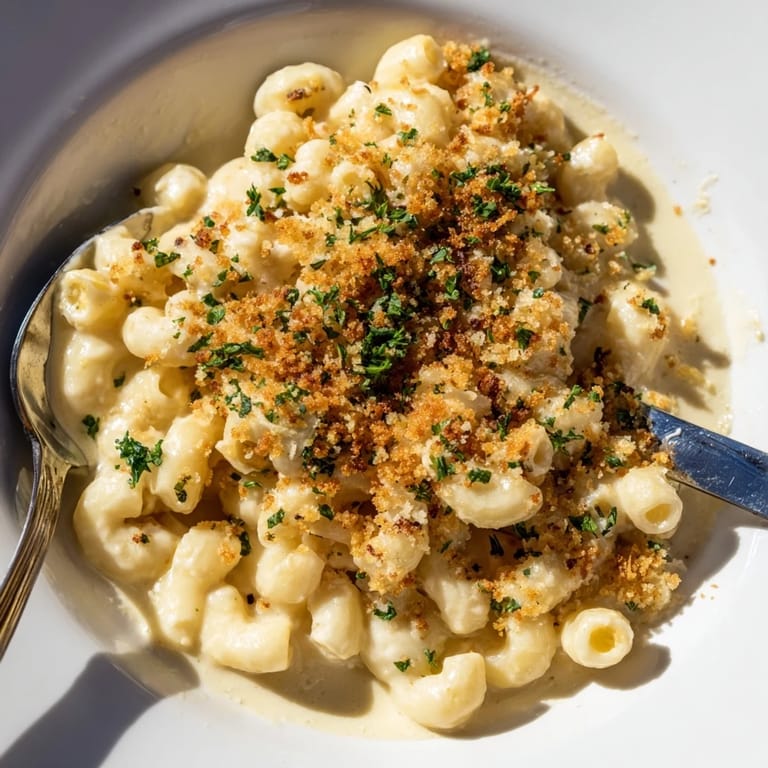 Decadent truffle macaroni and cheese topped with crispy panko breadcrumbs, perfect for dinner.  
