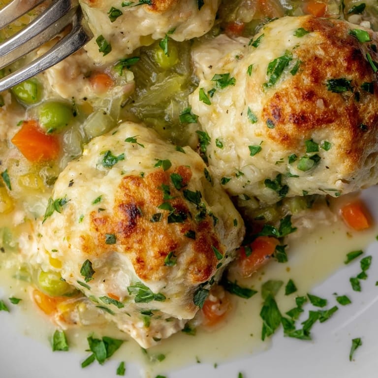 Savory Chicken and Dumplings Casserole featuring a creamy sauce and fluffy dumplings on top.