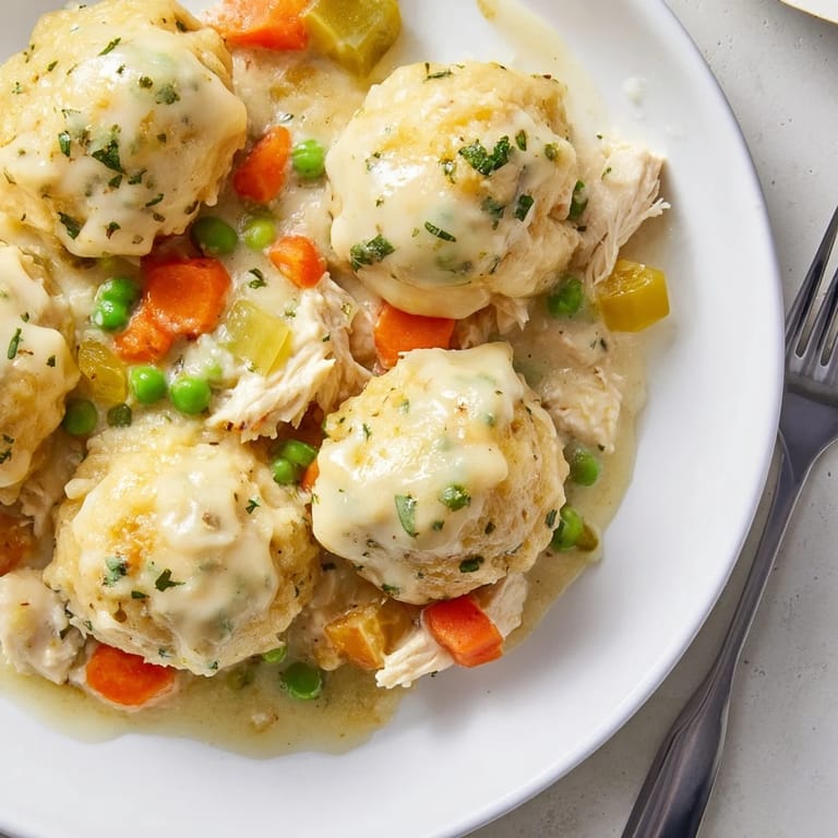 Comforting Chicken and Dumplings Casserole served hot, bursting with tender chicken and veggies.  