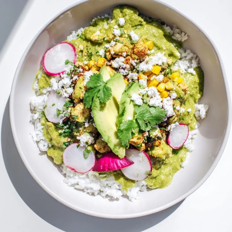 A delicious Green Enchiladas Rice Bowl showcasing golden corn, black beans, and tender chicken in flavorful sauce.