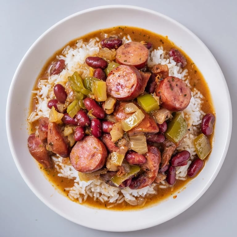 Close-up of vibrant Red Beans & Rice; the aroma of spices mingling with smoky sausage and fresh herbs.