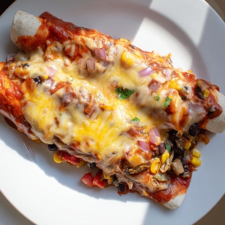 A close-up of vibrant Farmers Market Vegetarian Enchiladas showcasing a delightful mix of seasonal filling.