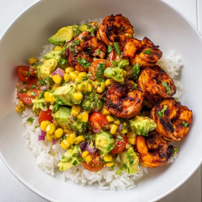 Delicious Blackened Shrimp Bowl: grilled shrimp atop rice, covered with fresh, chunky avocado salsa.