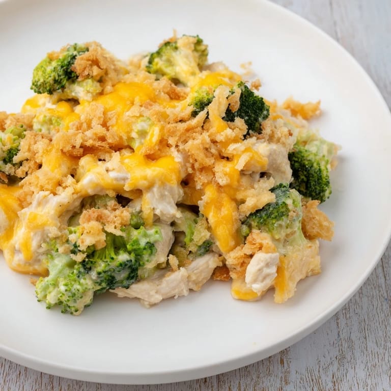 A close-up of a creamy Chicken & Broccoli Cheddar Bake, ready to serve with visible texture.