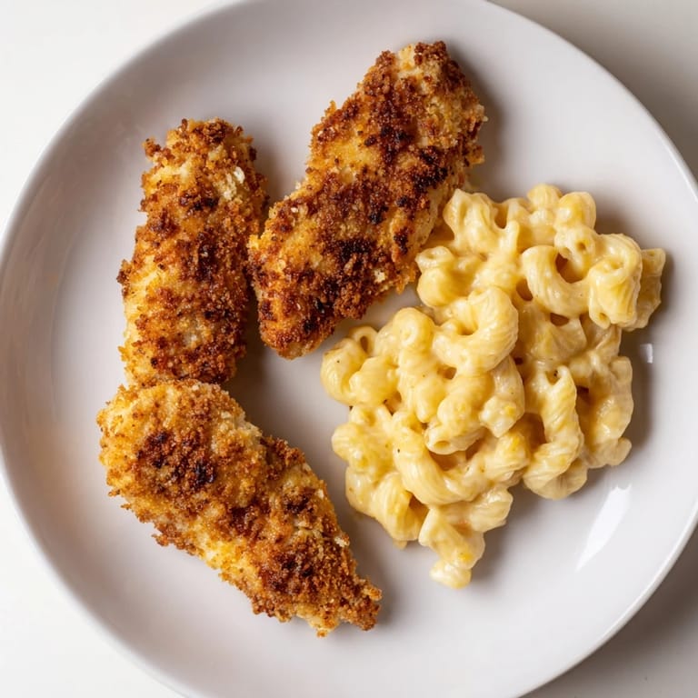 Close-up of golden, fried chicken tenders next to homemade macaroni and cheese, perfect for sharing.