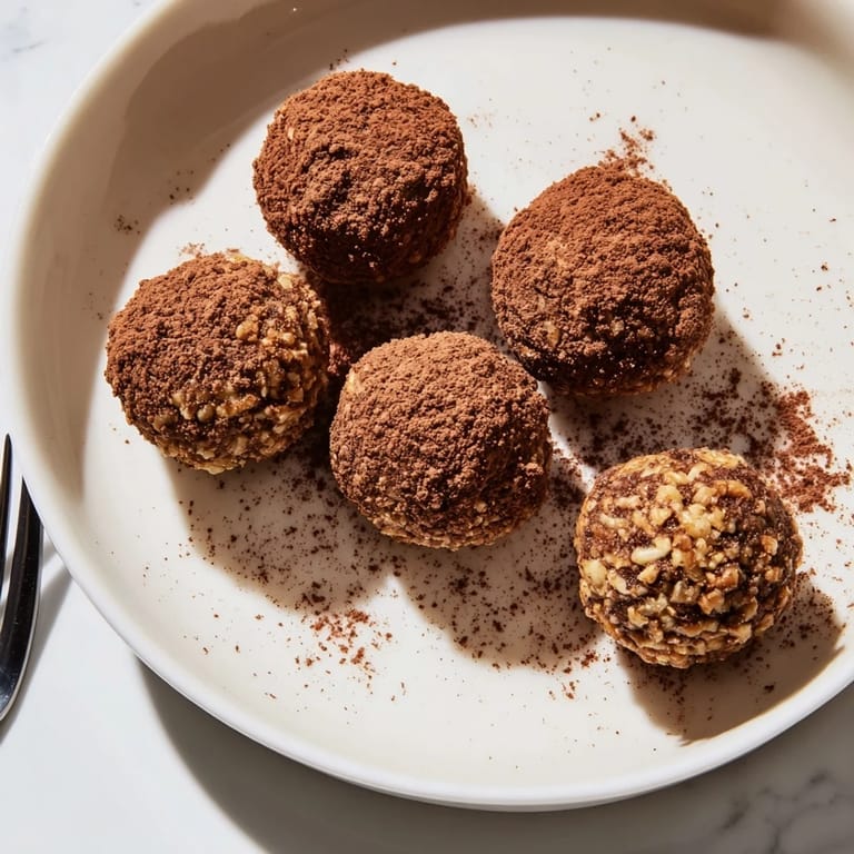 A close-up of delicious Date & Walnut Truffles, with a powdery cocoa coating and ready to eat.