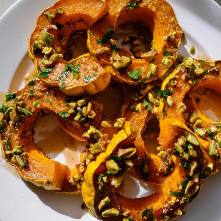 Vibrant image shows maple-glazed baked delicata squash rings with a pistachio topping—delicious!